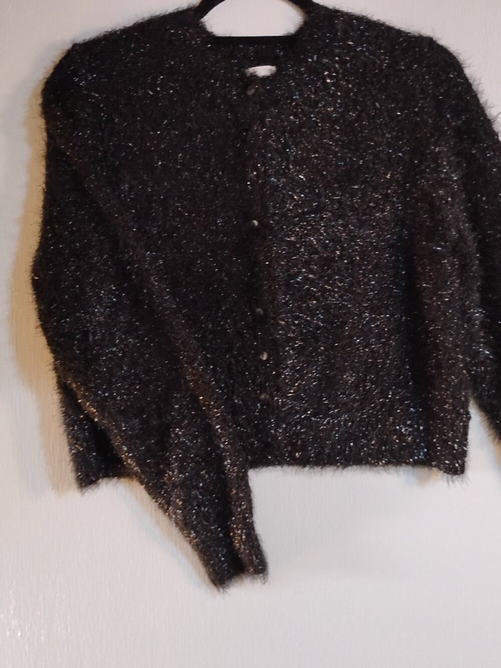 Black fuzzy knit cardigan with metallic shimmer threads from A New Day, size med